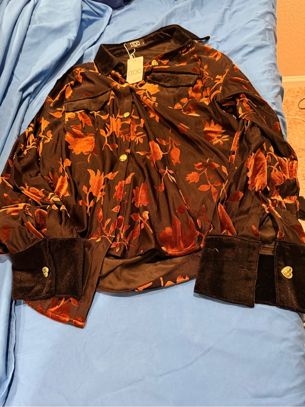 I TOO Italy Floral Burnout Velvet Blouse Black Rust Gold L NWT